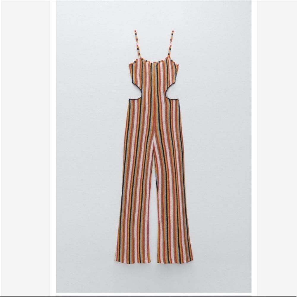 Zara Knit Terrycloth Striped Jumpsuit Womens Side Cut Out Rainbow Cotton - Picture 4 of 11